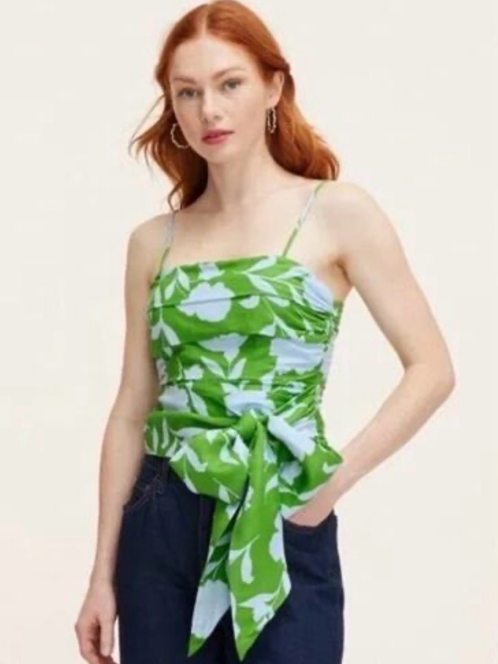 kate spade x Target Green and Light Blue Floral Tie-Waist Spaghetti Strap Top